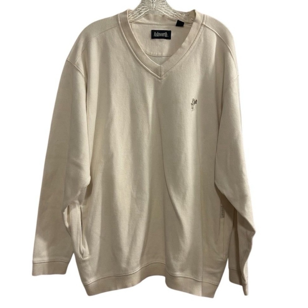 Ashworth Men's V-Neck Golf Pullover Sweater Beige Size L‎ Side Pockets